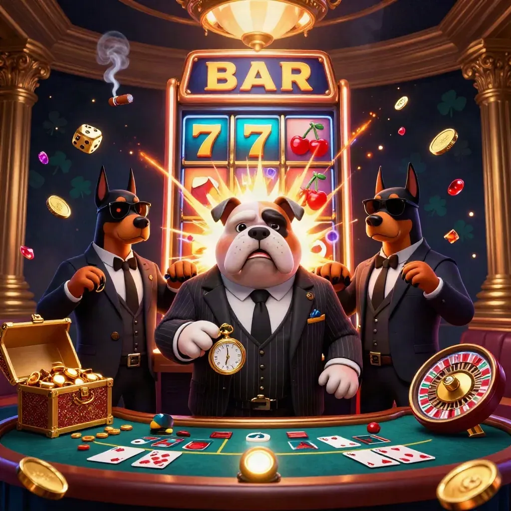 Bulldog boss with Dobermans amid slot burst, casino glow, cards, dice, and gold