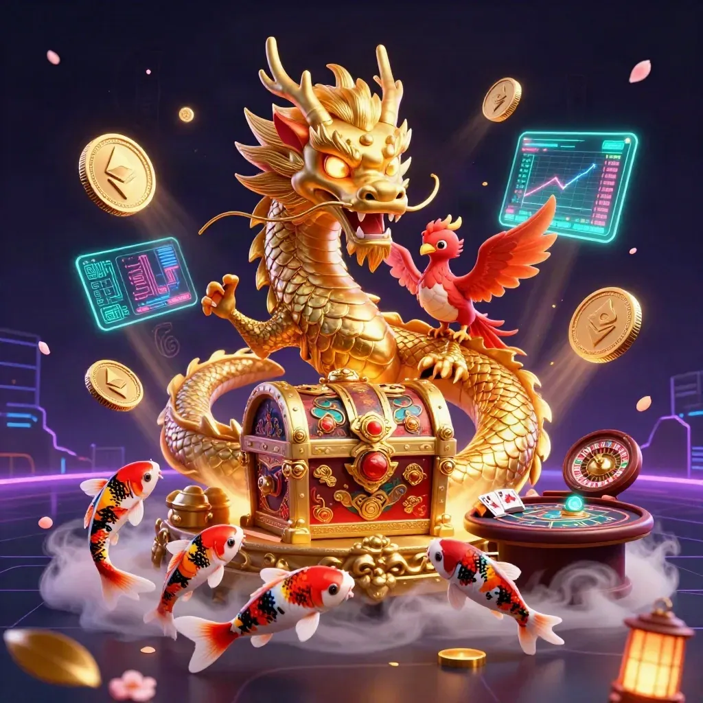 Golden dragon, phoenix and koi amid casino glow, coins, neon charts and smoke.