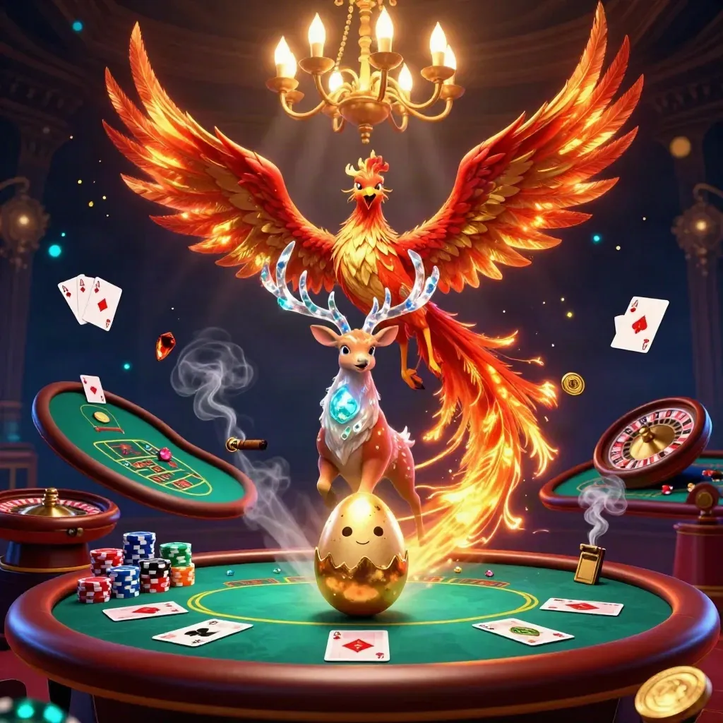 Phoenix, hatching chick, and crystal-antler stag in a luxe casino room with spinning table props.
