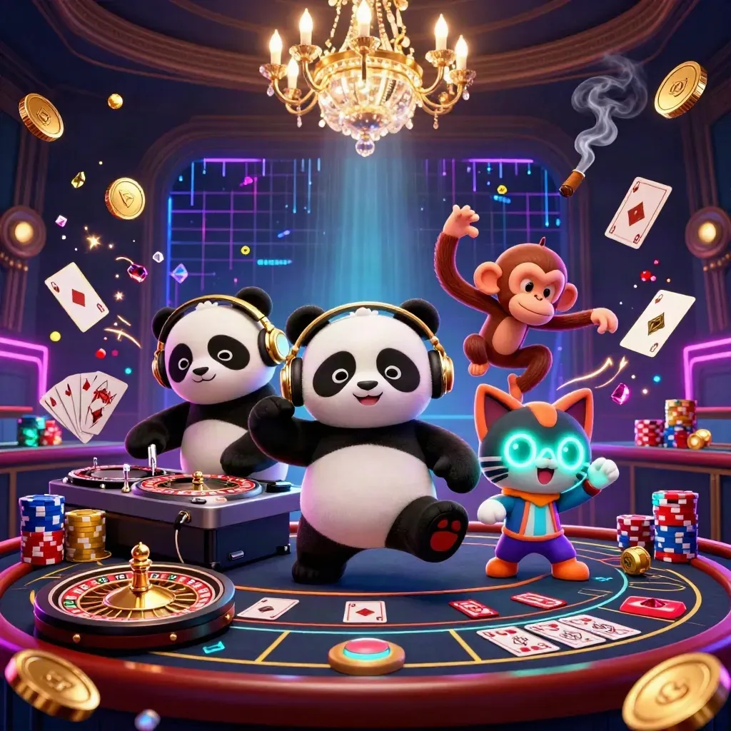 DJ panda, dancing monkey, and glow-stick kitten amid casino lights, coins, gems, and spinning roulette.
