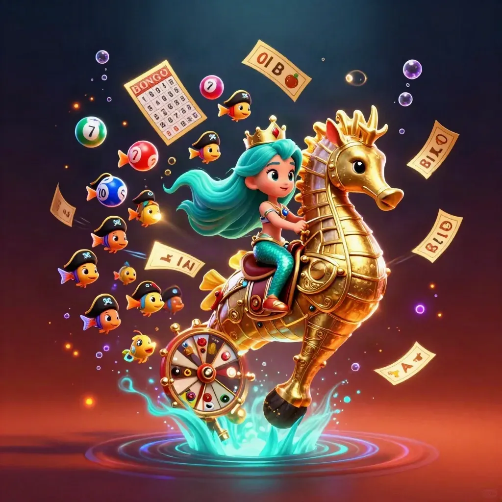 Mermaid princess on armored seahorse amid pirate fish, lottery balls, prize wheel and casino glow.
