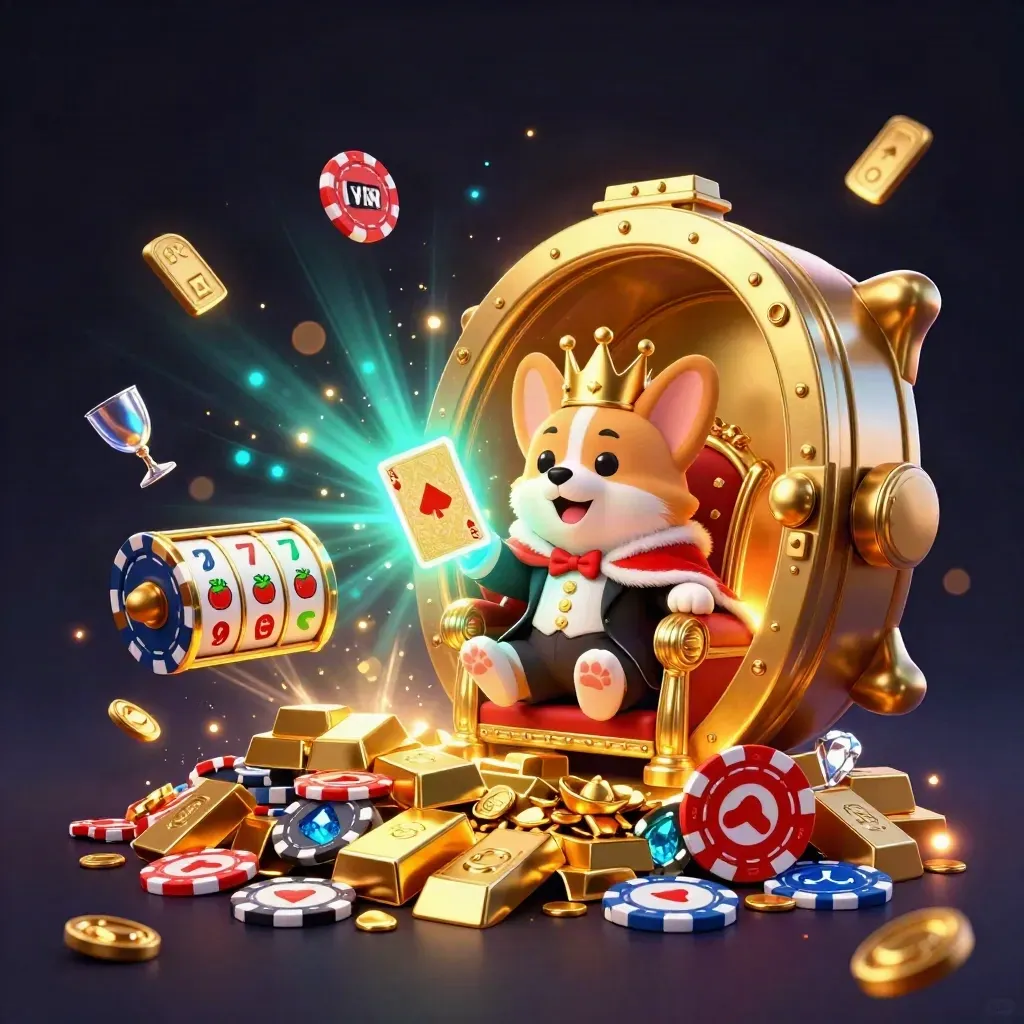 Royal corgi and cat butler amid bursting treasure, gems, chips, and neon teal casino glow.