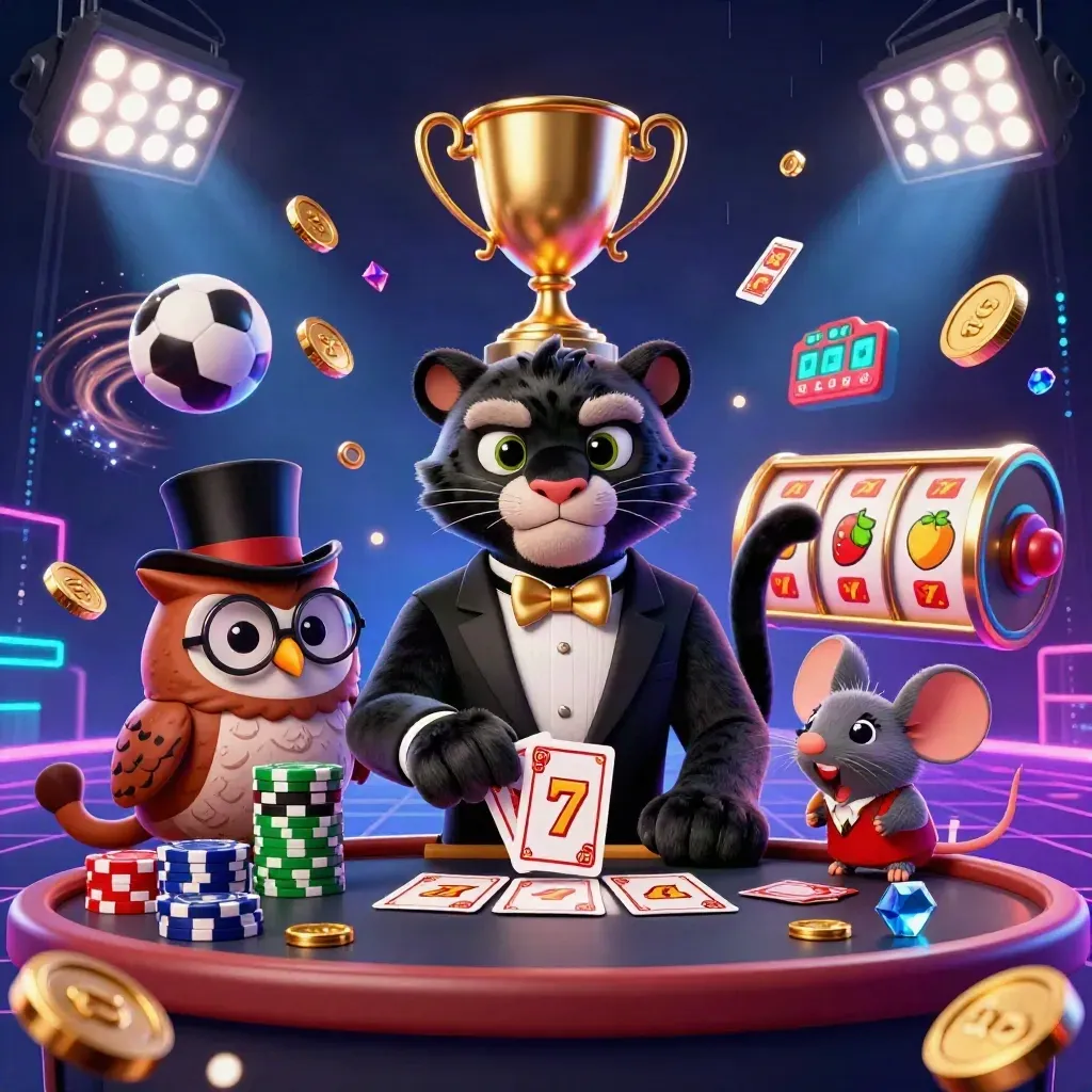 Panther, owl, and mouse casino heroes amid chips, sports balls, coins, and neon effects.