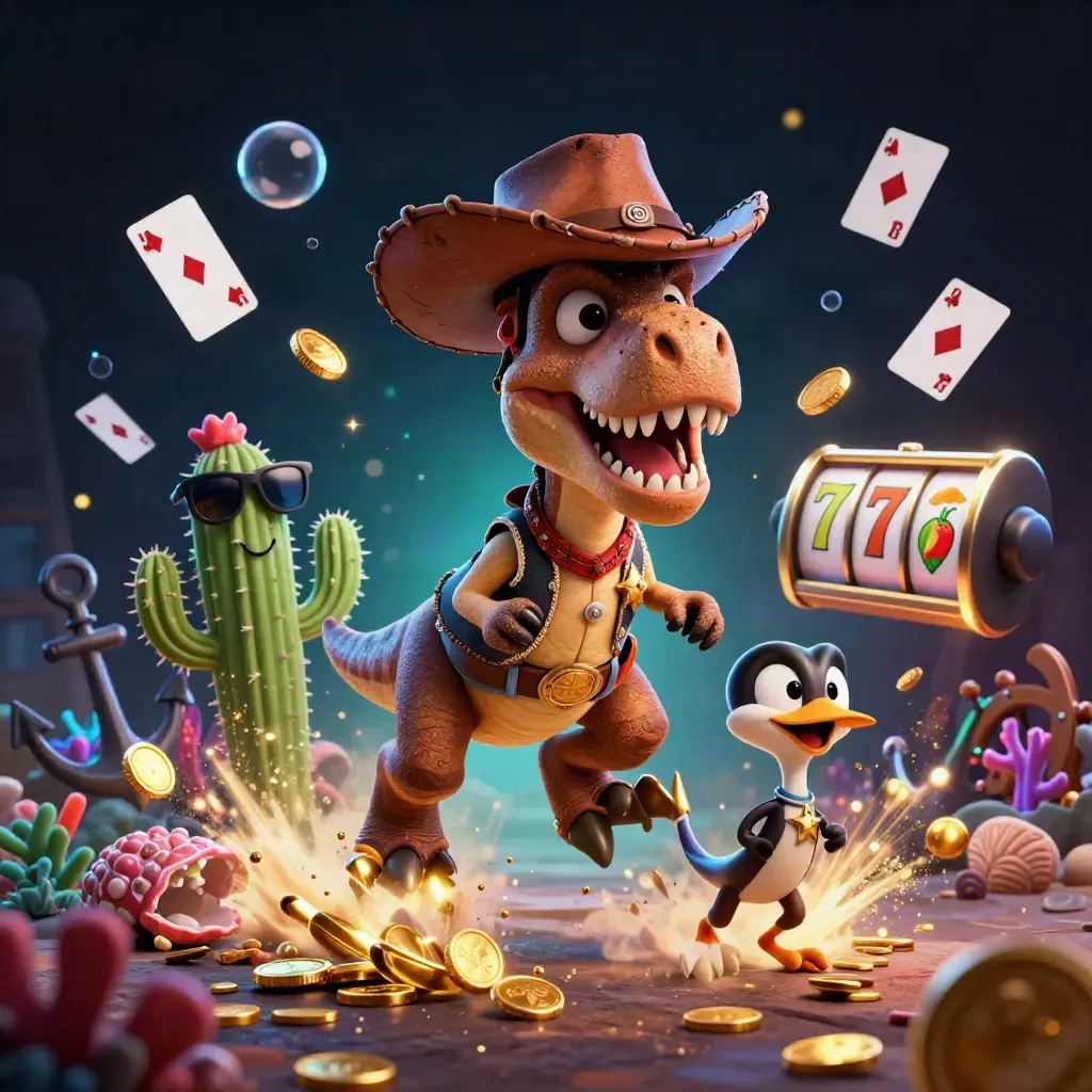 Cowboy T-Rex, cactus sidekick, and sheriff roadrunner burst through a neon treasure cove.