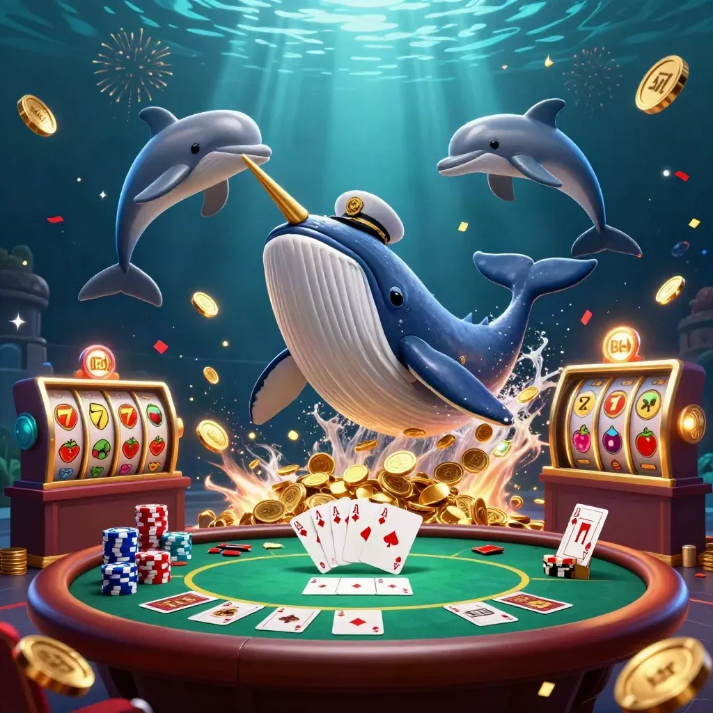 Whale captain, narwhal, and dolphins burst through coins with chips and cards underwater.