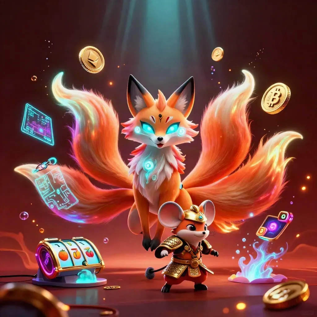 A neon-tailed fox spirit and armored mouse amid coins, bubbles, lightning, and casino treasure.