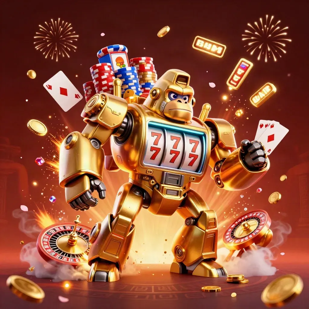 Golden gorilla slot mech bursts from a vault amid coins, chips, gems, and fireworks.