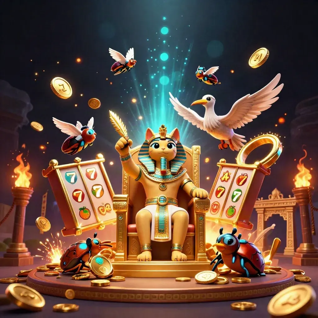 Pharaoh cat, ibis scribe, and gem-wing scarabs amid coins, reels, temple gate, and fireworks.