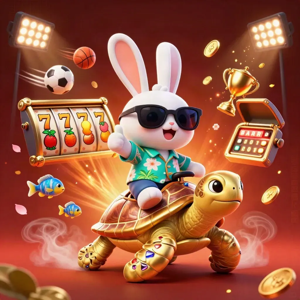 Lucky rabbit on a golden sea turtle with coins, balls, fireworks, and casino effects.