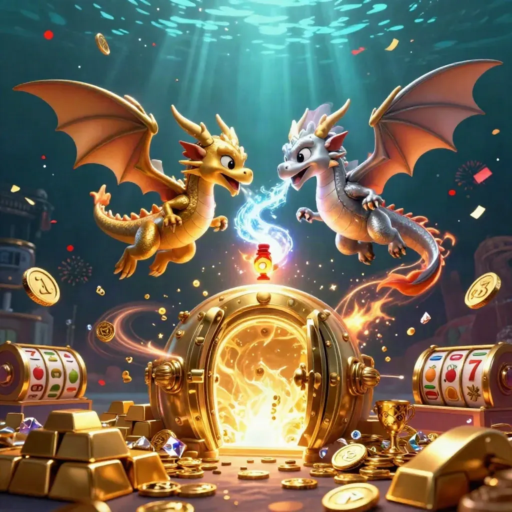 Twin gold and silver dragons burst from an open vault with coins, gems, fireworks and slot symbols.