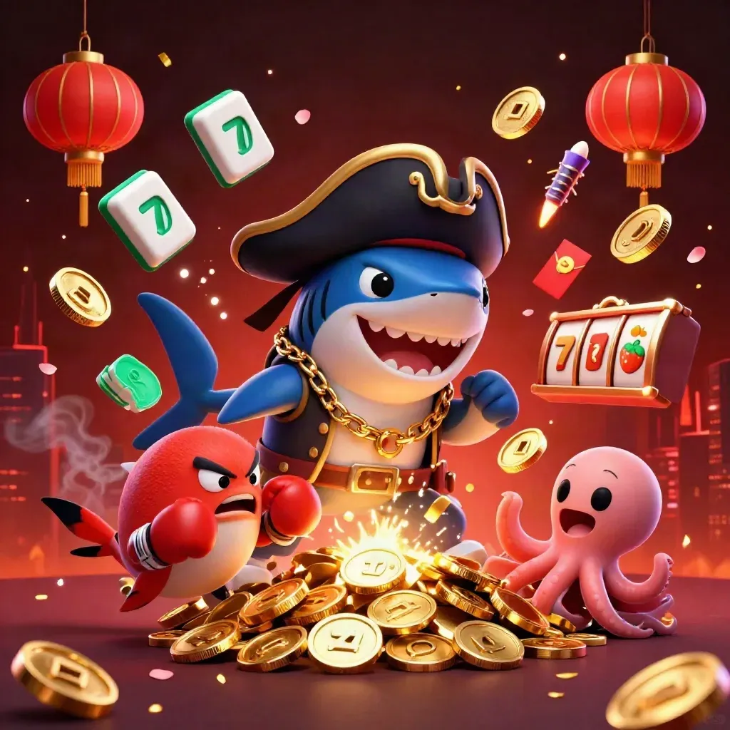 Shark pirate, boxing pufferfish, and juggling octopus amid gold coins, fireworks, and casino symbols.