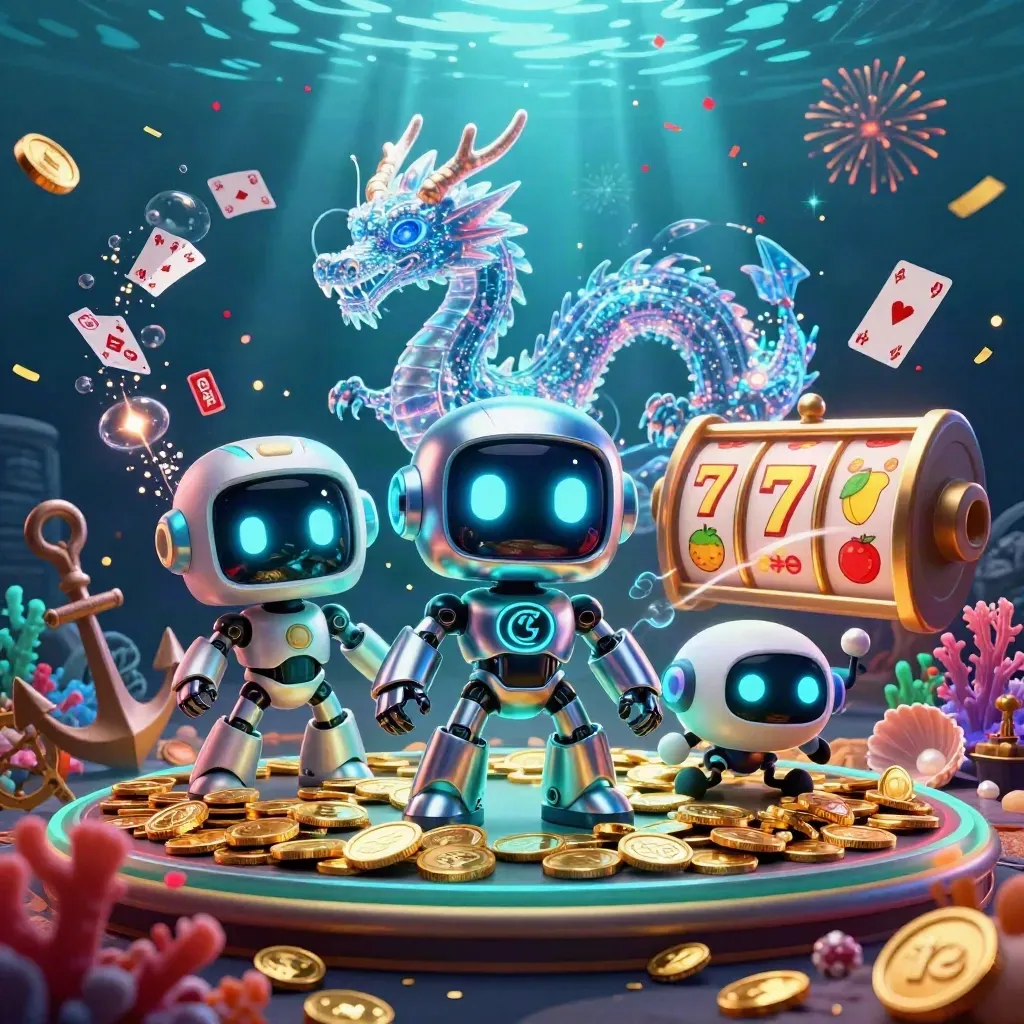 Robot, hologram dragon, and coin drone in neon underwater casino treasure scene.