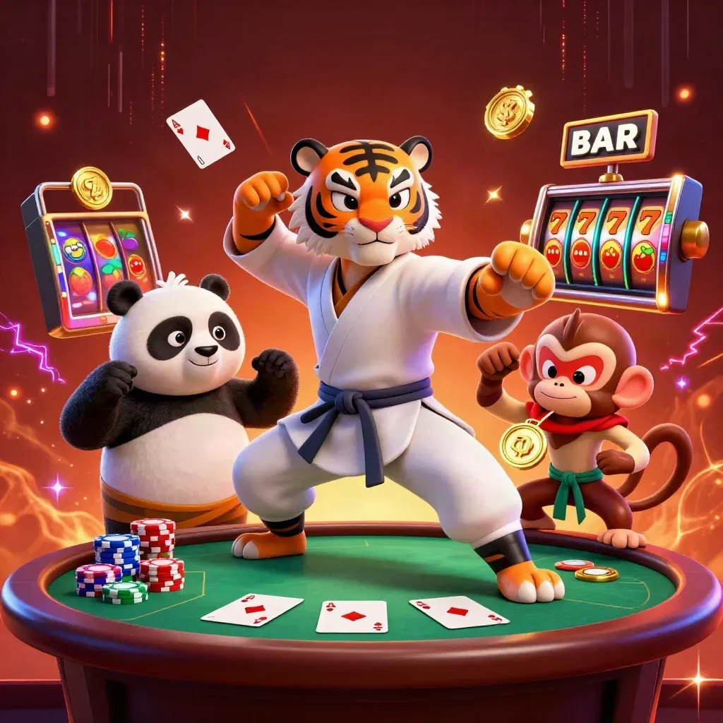 Kung-fu tiger, panda, and monkey amid casino chips, cards, reels, and neon crimson glow