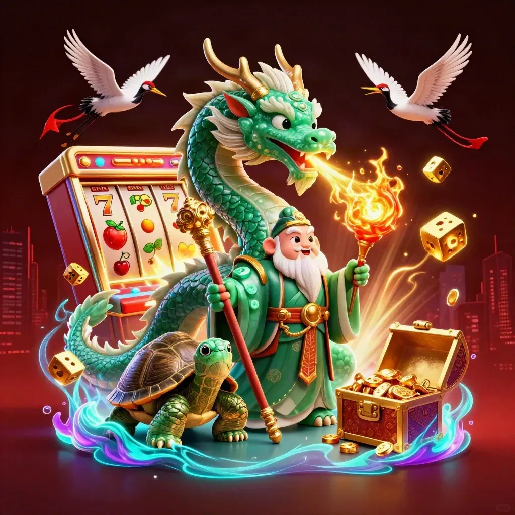 Jade dragon, turtle sage, and cranes explode with casino symbols and gold in a dark neon splash.