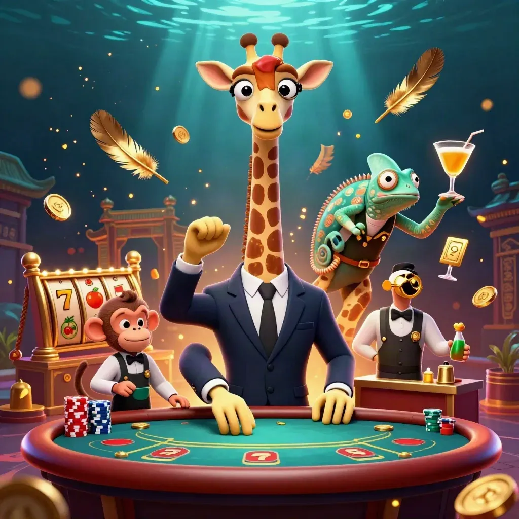 Giraffe, monkey valet, and chameleon bartender in a luxe casino scene with slot reels and gold