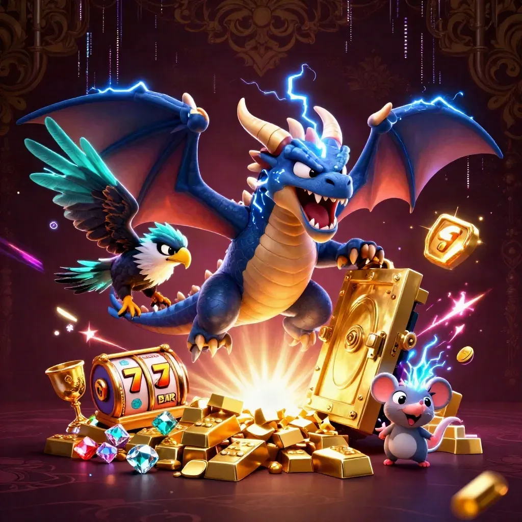 Thunder dragon, hawk and static mouse amid vault gold, reels, gems, and electric casino glow.