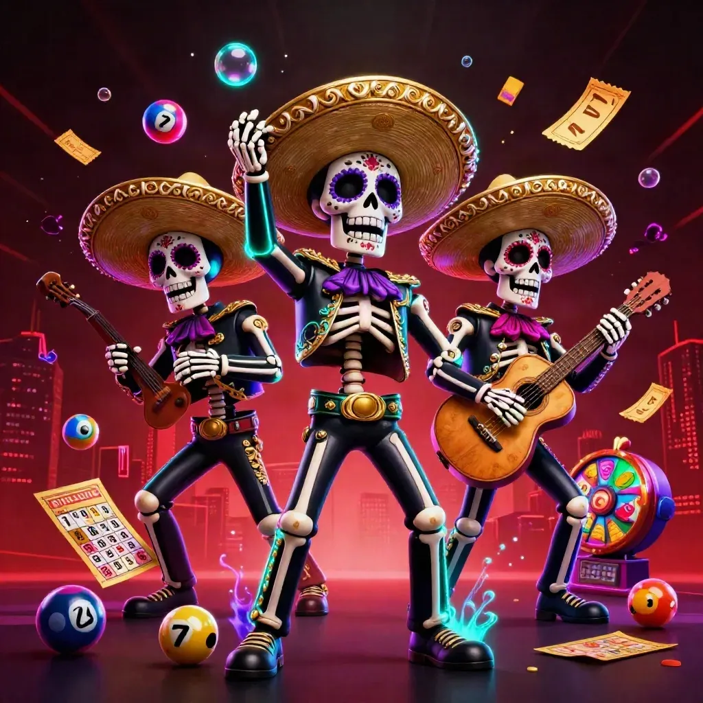 Three festive skeleton mariachi heroes amid neon casino icons and dramatic dark-luxe lighting