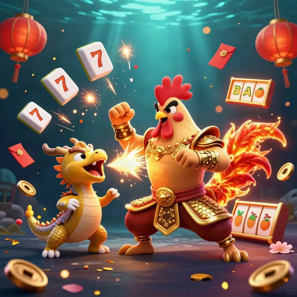 Rooster warrior, dragon hatchling, and fortune cat amid casino symbols and glowing gold sparks.