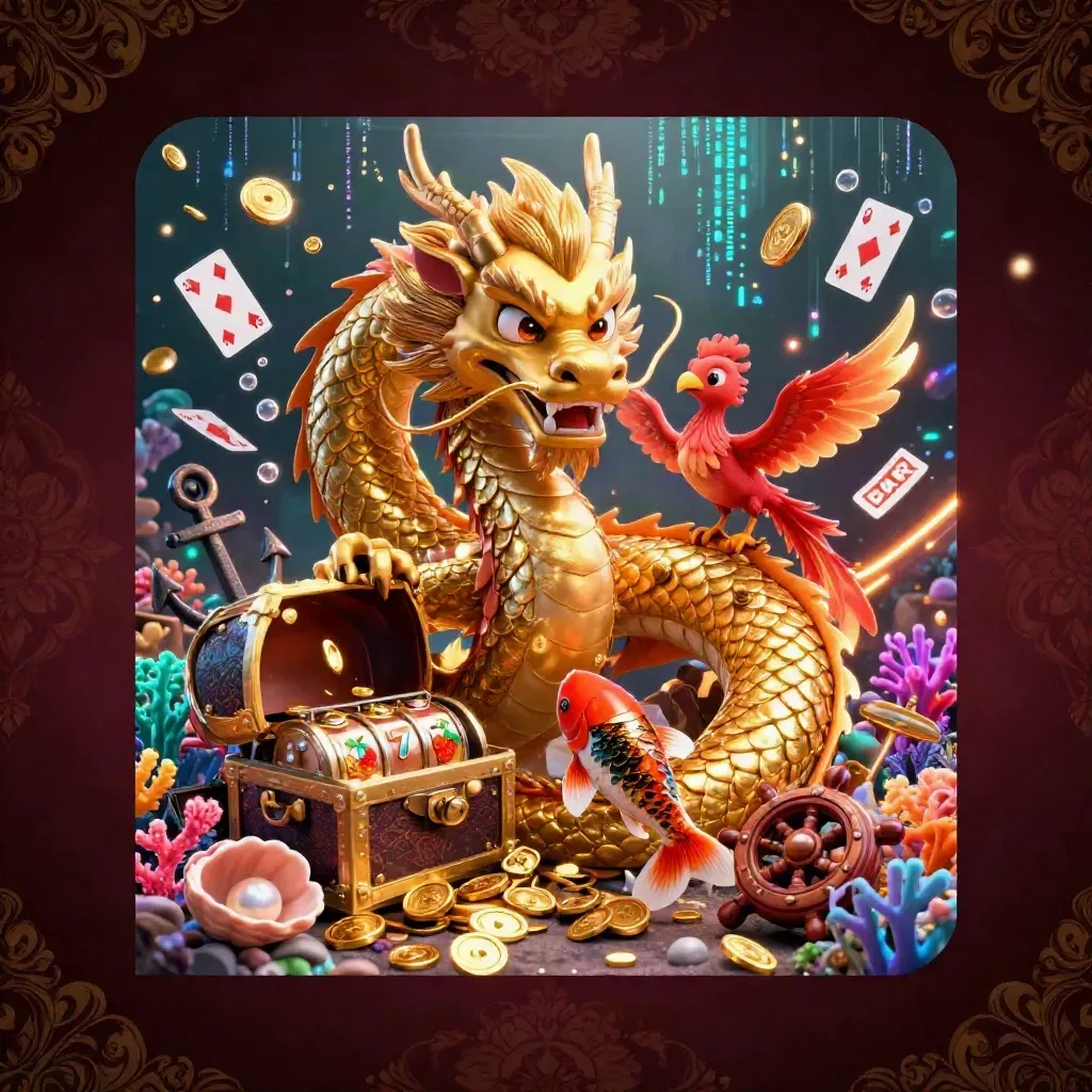 Golden dragon with phoenix and koi in a luxe treasure cove, glowing with coins, reels, and neon effects.