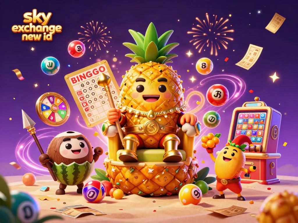 Experience thrilling gaming moments with sky exchange new id in a vibrant casino scene, featuring a golden pineapple king and lottery elements.
