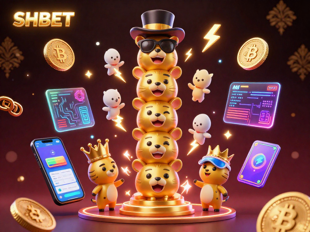SHBET showcases thrilling casino fun with a vibrant 3D totem pole and crypto-themed elements in an exciting atmosphere.