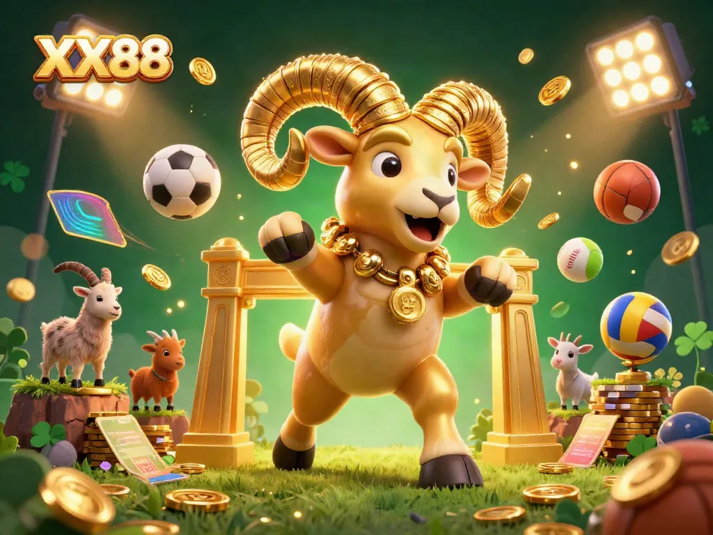 Engaging XX88 casino scene featuring a golden ram charging at a golden gate amidst vibrant sports betting elements.