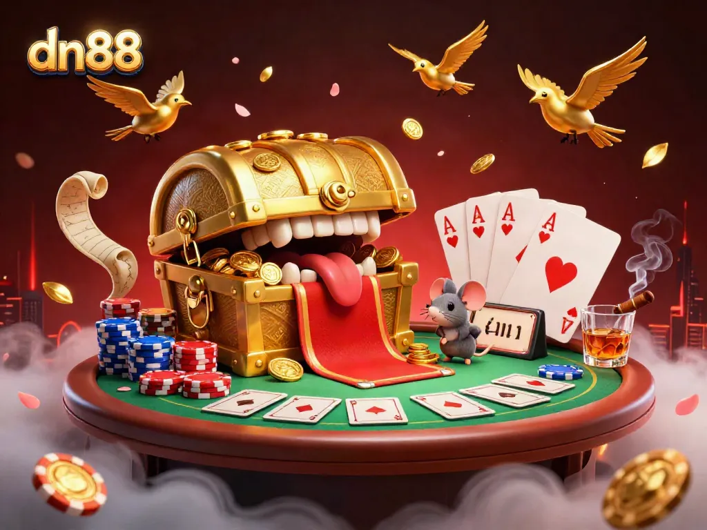 Engage with dn88's vibrant online casino scene showcasing a dynamic treasure chest with poker elements, promising great rewards.