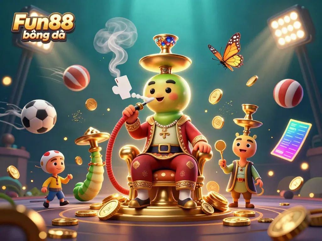 Experience Fun88 bóng đá with lively sports elements and a whimsical hookah-master illustration.