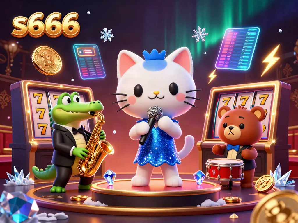 Engage with s666 at a vibrant online casino scene featuring a singing cat, saxophone crocodile, and bear drummer.