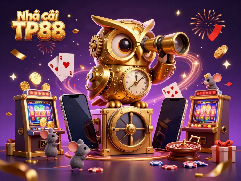 Experience excitement at Nhà cái TP88 with a whimsical owl and dynamic casino elements in vibrant colors.