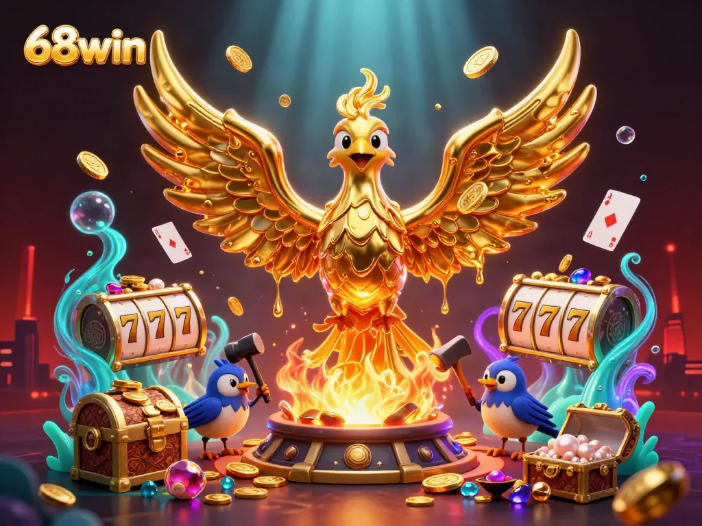 Experience thrilling casino action with 68win's animated theme of a molten golden phoenix surrounded by vibrant game elements.