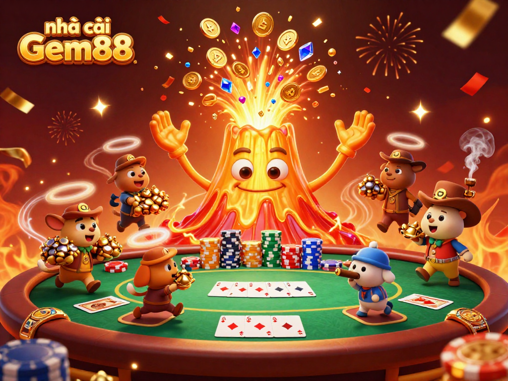 Experience excitement in the thrilling atmosphere of nhà cái Gem88, as vibrant characters celebrate with casino treasures.