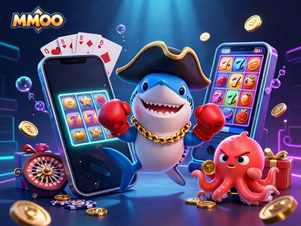 Experience immersive MMOO gameplay with a cartoon shark, pufferfish, and octopus amidst vibrant slot elements.