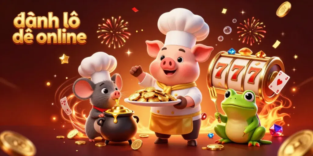 Engage in đánh lô đề online with a vibrant illustration showcasing festive characters and casino elements.