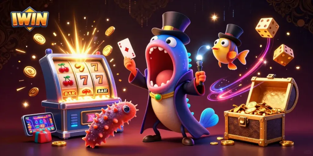 IWIN features a dazzling casino scene with magical creatures performing tricks and rich slot game elements.