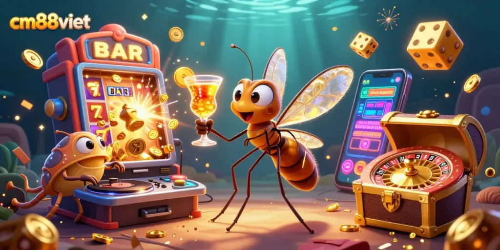 cm88viet showcases a vibrant 3D digital casino scene with dynamic game elements and lively characters.