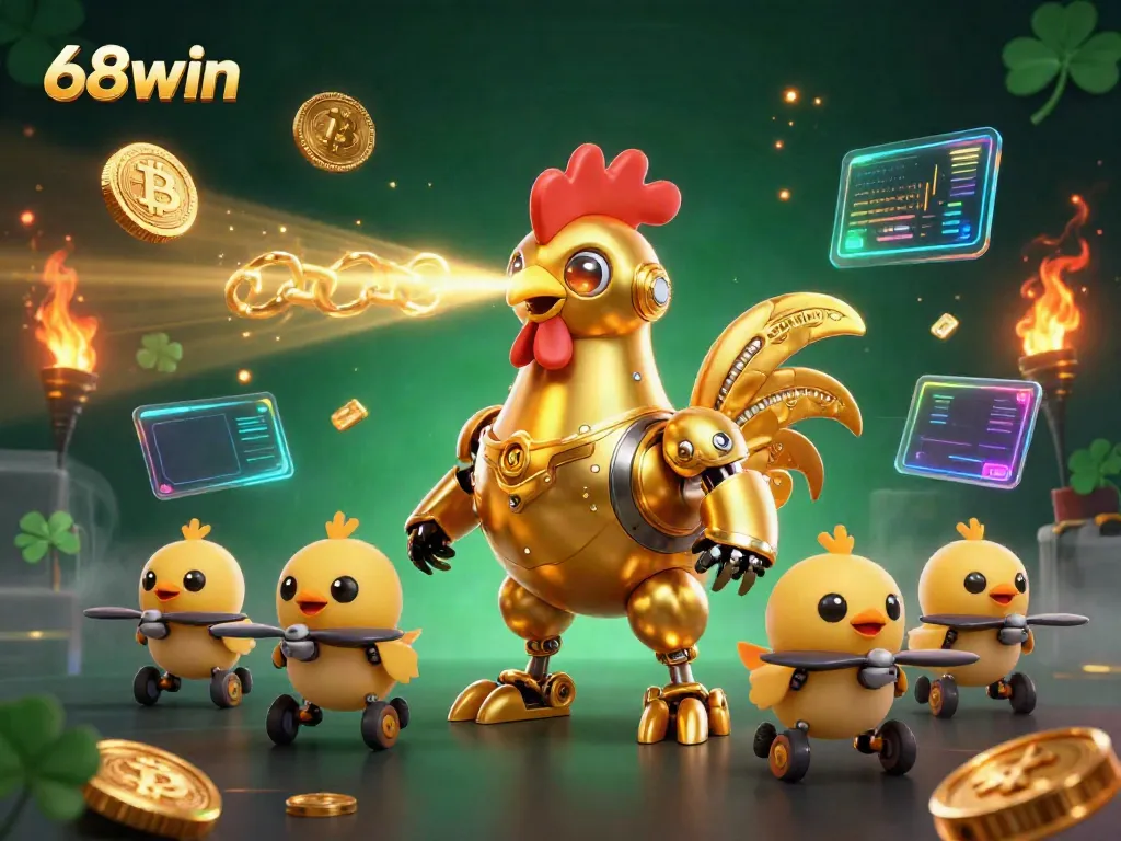 Engage with 68win's thrilling casino experience through an energetic depiction of a golden rooster robot amidst crypto elements.