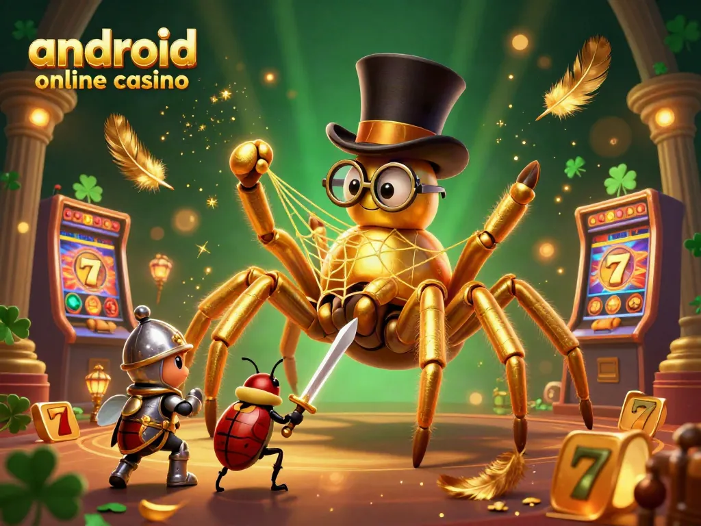 Experience the vibrant action of an android online casino with a golden tarantula and beetle knight in a dynamic 3D setting.