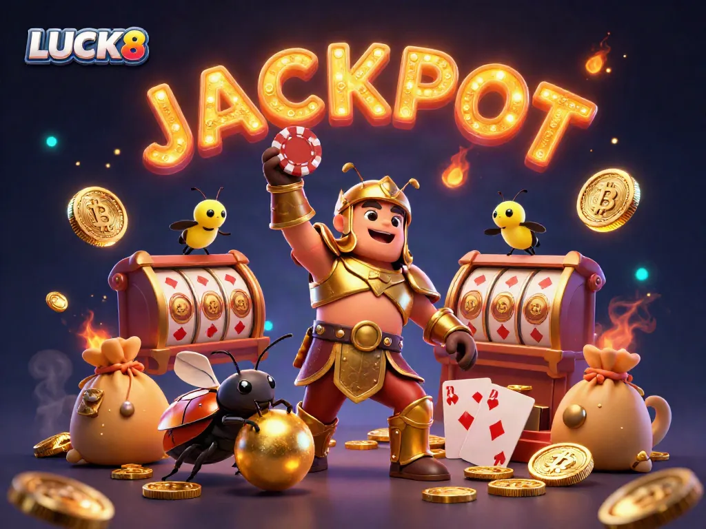 Join the excitement with LUCK8 as the hero beetle lifts the poker chip amidst glowing coins and slots!