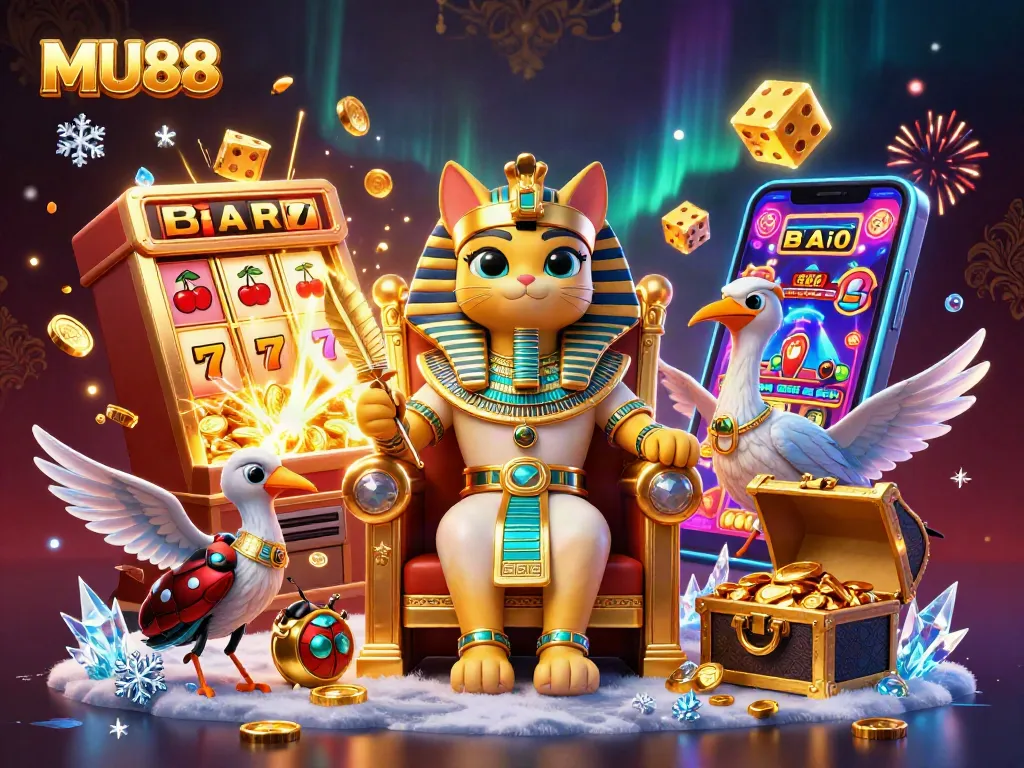 Experience the excitement of MU88 with a dynamic 3D casino illustration showcasing vibrant slots and rich gameplay.