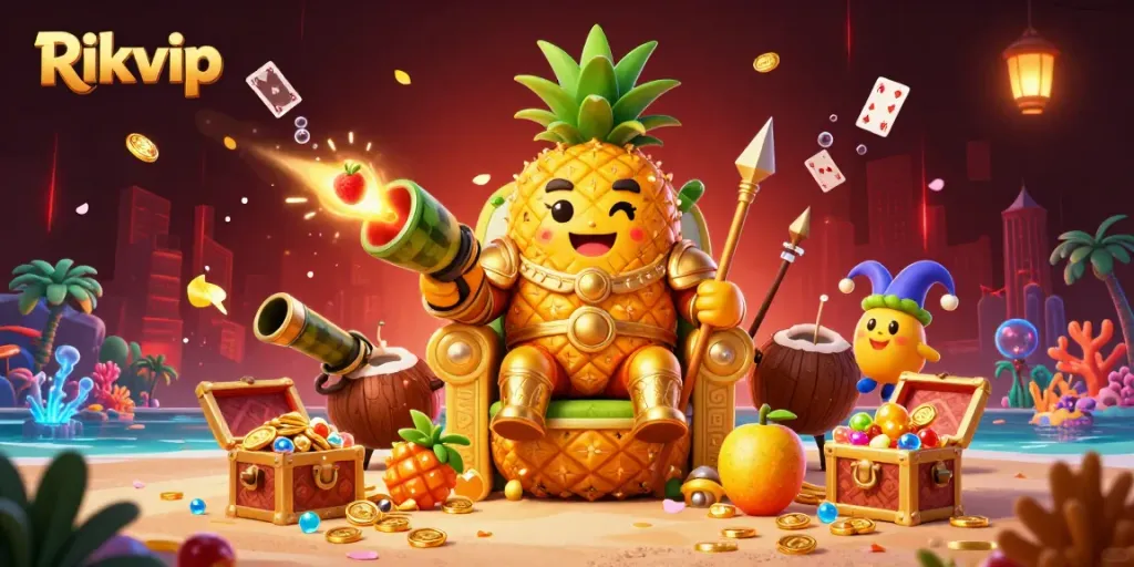 Experience gaming excitement with Rikvip's vibrant casino scene featuring a pineapple king and dynamic elements.