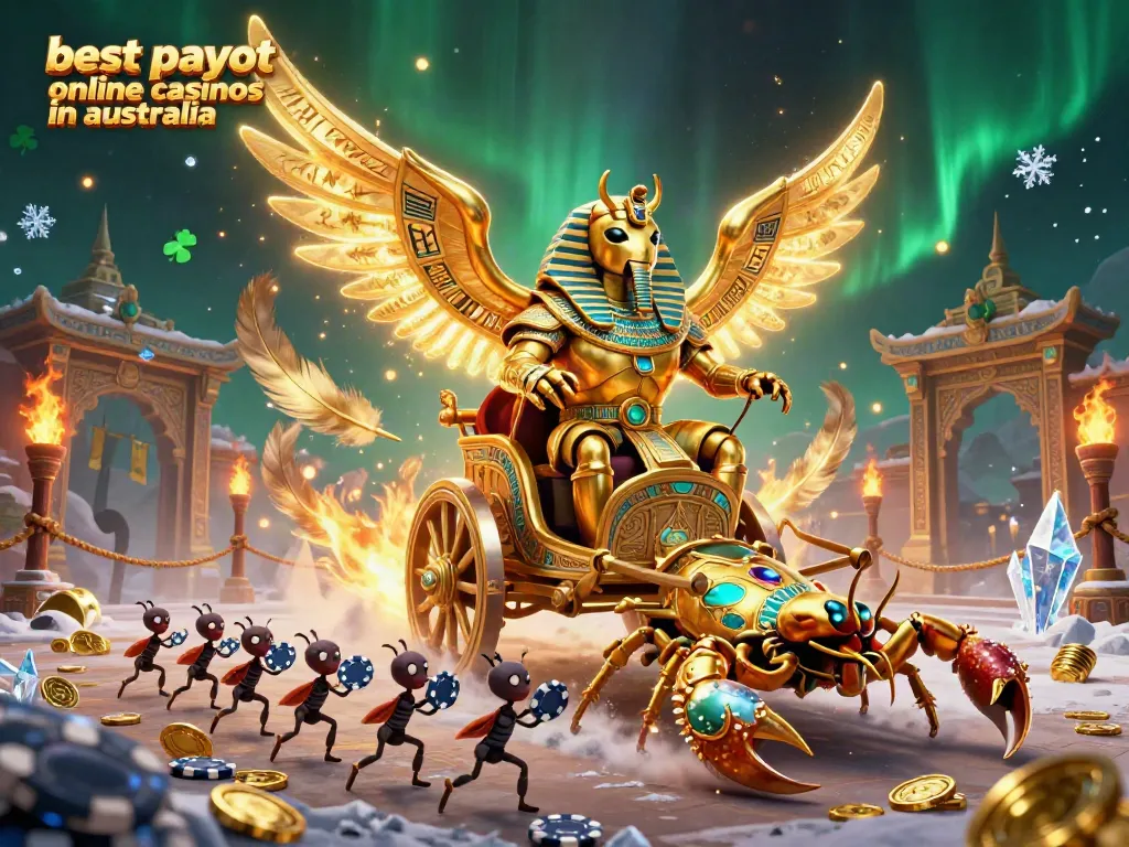 Experience the excitement of the best payout online casinos in Australia with a golden scarab beetle riding a chariot.