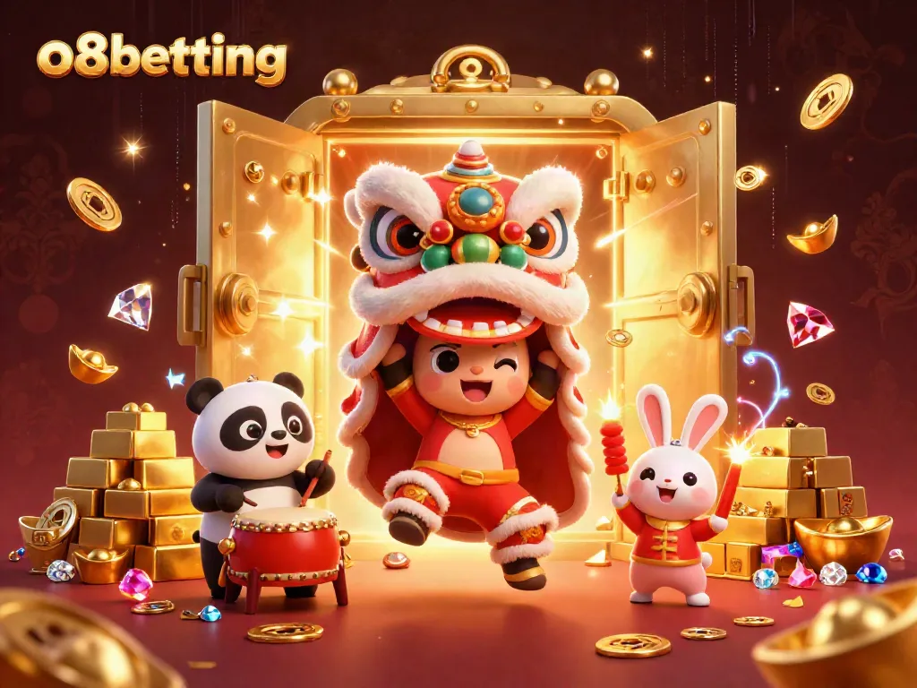 Experience thrilling gaming moments with the vibrant o8betting illustration featuring a lively lion dance.