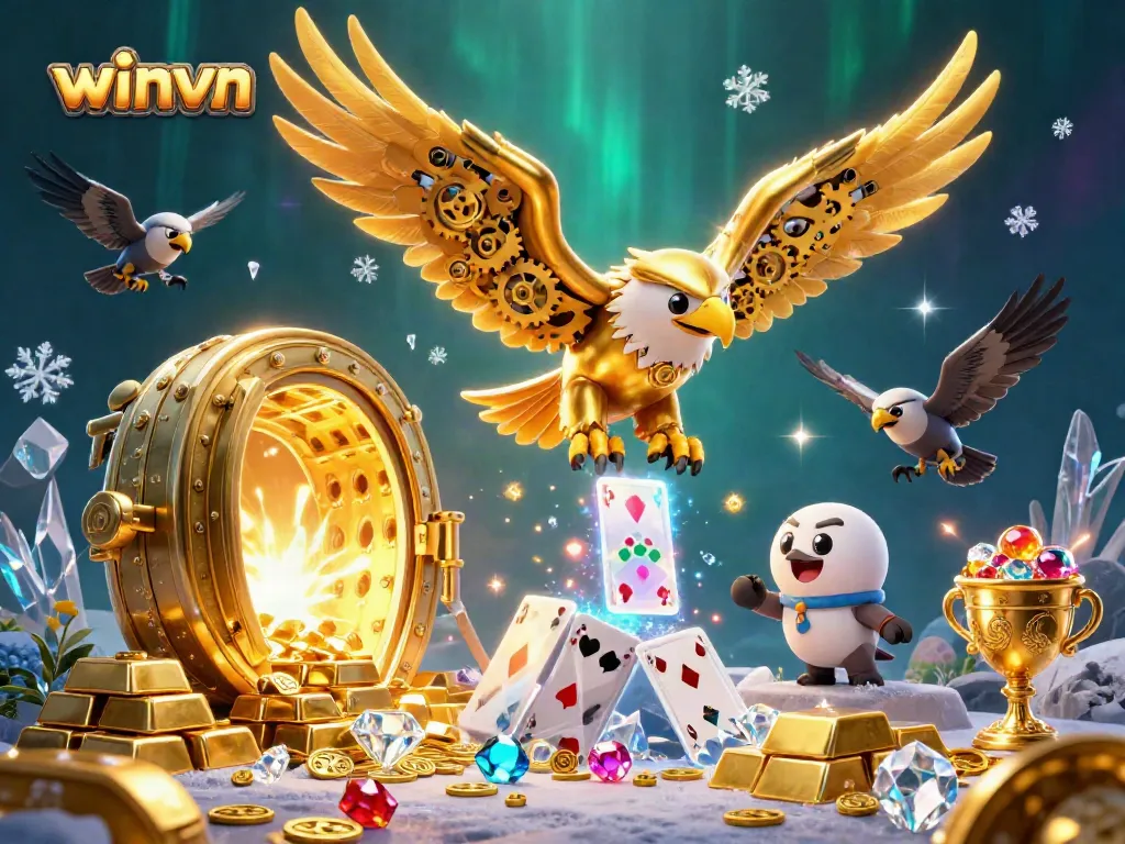 Experience the thrill of winvn with this vibrant 3D casino illustration showcasing gold treasures and cybernetic eagles.