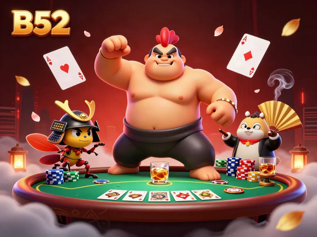 Experience the thrill of poker with B52 in a vibrant casino scene featuring dynamic characters.