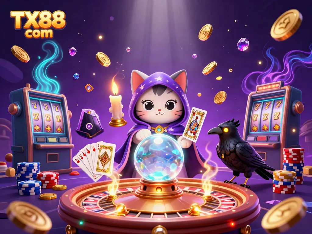 Experience the thrills of TX88 com with a vibrant scene of fortune tellers and casino games!