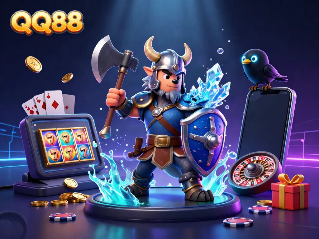 Experience thrilling gaming with QQ88 featuring an epic Viking warrior, fiery dragon, and dynamic casino elements.
