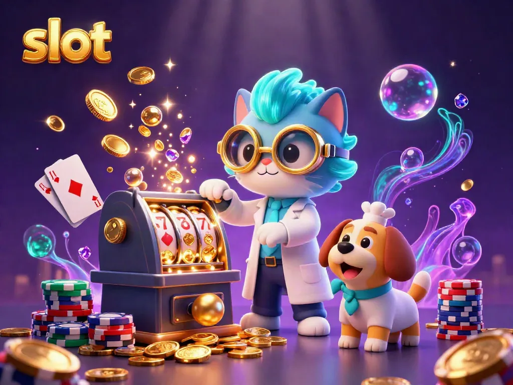 Engage with vibrant slot-themed art featuring a mad scientist cat with a coin-replicating machine.