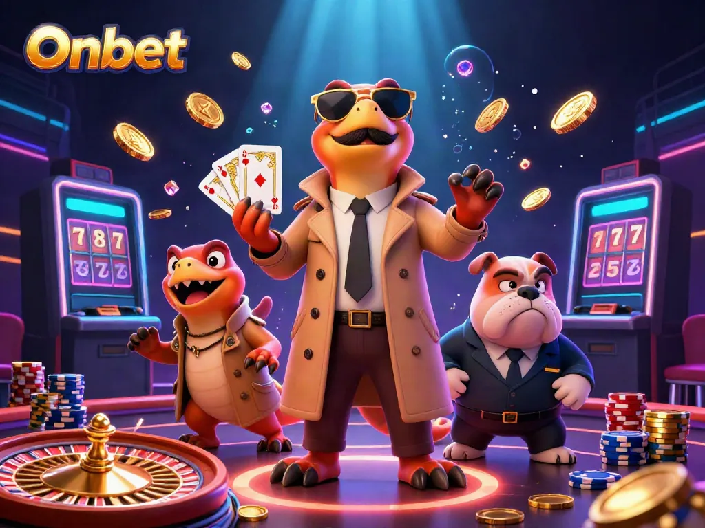 Experience Onbet's vibrant casino atmosphere with playful characters and dynamic gaming elements.