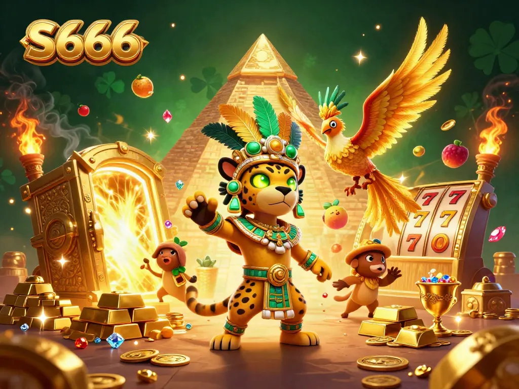 Engage with the thrilling S666 casino world through a vibrant illustration showcasing gold treasures and exciting game elements.